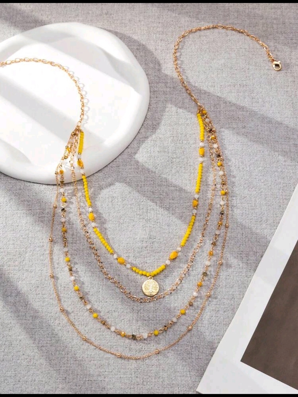 Gold Multi-Layer Necklace with Yellow Beads - Women Jewelry - Picture 2 of 4